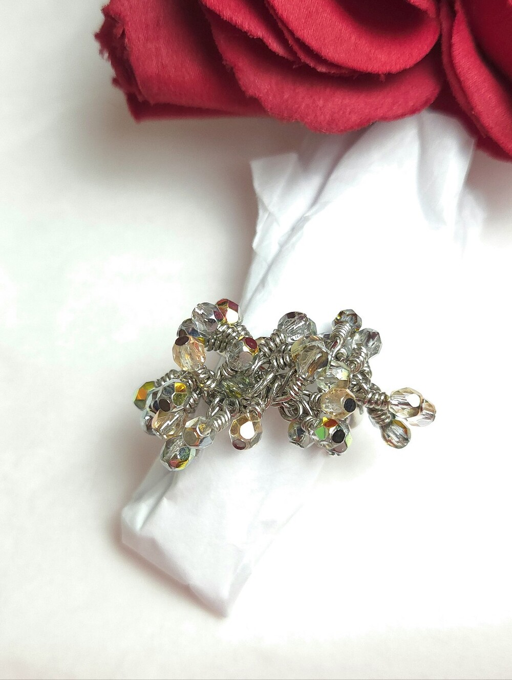 Handmade Peach & Silver Crystal Cluster Ring Size 10 Crystal Statement Ring